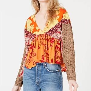 Free People Multicolor Floral V-Neck Blouse